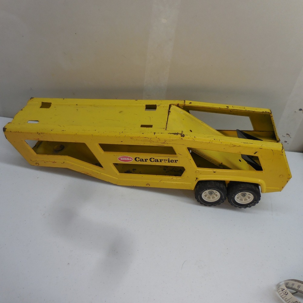 Vintage Tonka Car Carrier Yellow Pressed Steel Toy Trailer Transport 14 Inch
